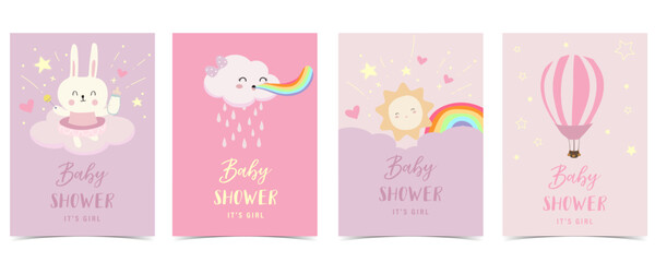 Baby shower invitation card for girl with sky,balloon, rainbow, cloud