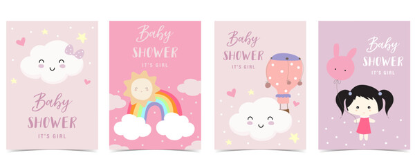 Fototapeta na wymiar Baby shower invitation card for girl with sky,balloon, rainbow, cloud