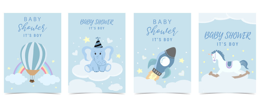 Baby shower invitation card for boy with balloon, cloud,sky, elephant