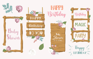 Wood frame collection for safari design.Editable vector illustration for birthday invitation,postcard and sticker © piixypeach