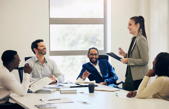 Planning, Happy And A Woman In A Meeting With Business People For A Work Agenda Or Schedule. Laughing, Training And A Team Of Employees In An Office For A Corporate Discussion Or Mentoring Of A Group