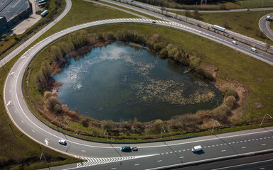 Aerial view of a highway node in East Flanders, Belgium