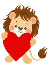 Cute lion holding a red heart