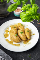 quenelles meat mushroom sauce healthy meal food snack on the table copy space food background rustic top view