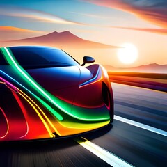 Fototapeta na wymiar Colorful sports car with shiny rainbow silhouette driving on asphalt, great image to use for blog, website, car magazine, business etc. The concept of intelligence Ai