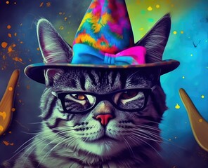 Cat smiling with an open mouth in a party hat and colorful sunglasses