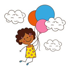 Happy cartoon little girl flying on colorful balloons near the clouds.Cute Black Child in doodle style. Design for prints, postcards, books, web. Vector illustration isolated on white background