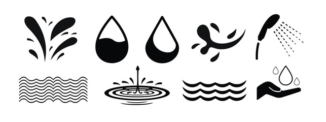 Water drops icon set. Editable vector pack of water line icons. A drop of water. magnifier, washing hands, shower. Vector illustration