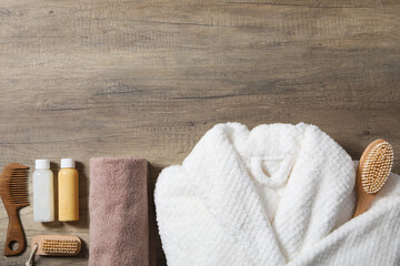 Fototapeta na wymiar Bath accessories and supplies, composition with bathrobe