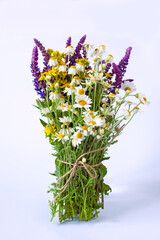 Bouquet of field summer flowers. Daisies, lilac sage and yellow wildflower on a white background