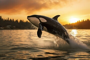 Fototapeta premium An image of an orca whale jumping out of the water in Alaskan waters, with a sunset in the background