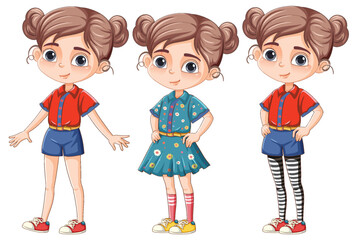 Cute girl cartoon character in different outfit