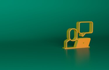 Orange Freelancer icon isolated on green background. Freelancer man working on laptop at his house. Online working, distant job concept. Minimalism concept. 3D render illustration