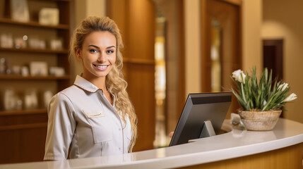 A beautiful woman receptionist at front desk Generative AI