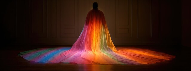 A cloak of rainbow light with long, flowing fabric that adds to the mystery and magic in an art installation, casting colorful shadows on the ground. 