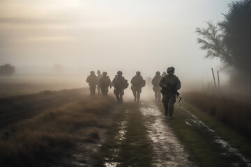 A group of modern-day soldiers in full equipment conducts a patrol in an unurbanized area created with generative AI technology