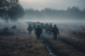 Obraz na płótnie Canvas A column of modern equipped soldiers in full gear conducts a patrol in a non-urbanized area created with generative AI technology