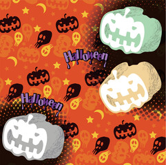 Textiles with pumpkins, skeletons and text for Halloween. Vector illustration. orange background. Pumpkins with unique expressions are fluffy like marshmallows.