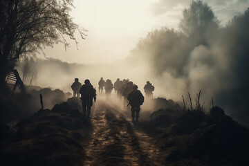 A column of modern equipped soldiers in full gear conducts a patrol in a non-urbanized area created with generative AI technology