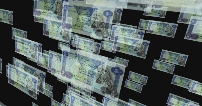 Emirates Dirham Dubai AED banknote loop. Flying between transparent money Dubai note. 3D seamless looped abstract concept of business, economy, finance, crisis and banking.