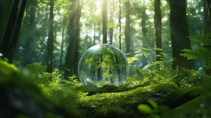 Glass sphere zooming fragment of the forest, environmental protection, ecology, green house