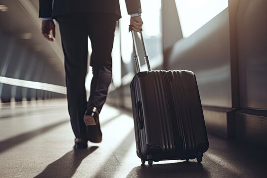 businessman walking with a suitcase in the airport terminal, business travel concept
