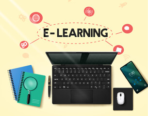 School e learning text vector design. Online class with laptop and mobile phone technology devices for home schooling. Vector illustration for online education.