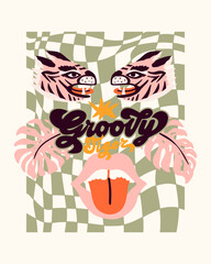 Hipster retro chess pattern with tiger and banana, palm leaves. A collection of groovy cliparts from 70s, 60s. Abstract design of cartoon stickers. Trend vector illustration.