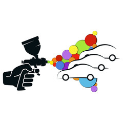 Spray gun in hand, car silhouette with colored paint