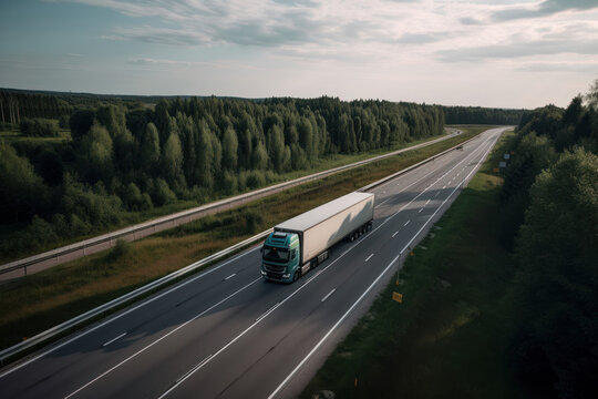 A semi truck drives along the highway during sunset, carrying vital freight to businesses and consumers, highlighting the crucial role of logistics in our daily lives. Generative AI.