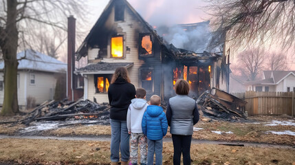 Family watching a burning house. The concept of family problems. Generative AI. - obrazy, fototapety, plakaty