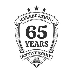 65 year anniversary icon or logo. 65th yubilee celebration, business company birthday badge or label. Vintage banner with shield and ribbon. Wedding, invitation design element. Vector illustration.