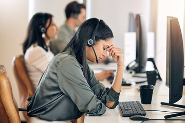 Call center, stress and woman tired at computer for customer service, crm or telemarketing. Consultant or agent person with depression, headache and burnout for sales, contact us or help desk support