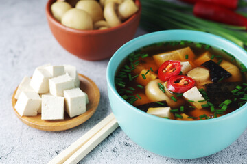 A bowl with miso soup, traditional Japanese dish