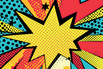 Pop art background. Comic pattern with starburst and halftone. Cartoon retro sunburst effect with dots. Comix banner. Vintage sunshine texture. Vector illustration.
