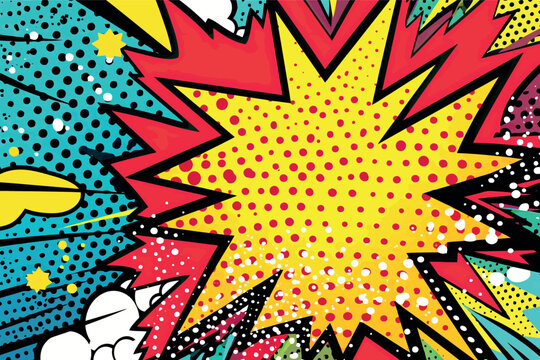 Pop art background. Comic pattern with starburst and halftone. Cartoon retro sunburst effect with dots. Comix banner. Vintage sunshine texture. Vector illustration.