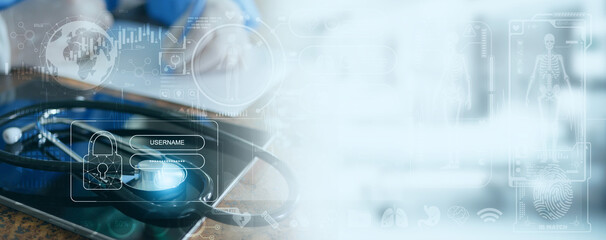 Medical Data and Health Information. A Stethoscope on a Tablet with a Physician Working on a...