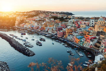 Procida Port Island with colored houses of the city
