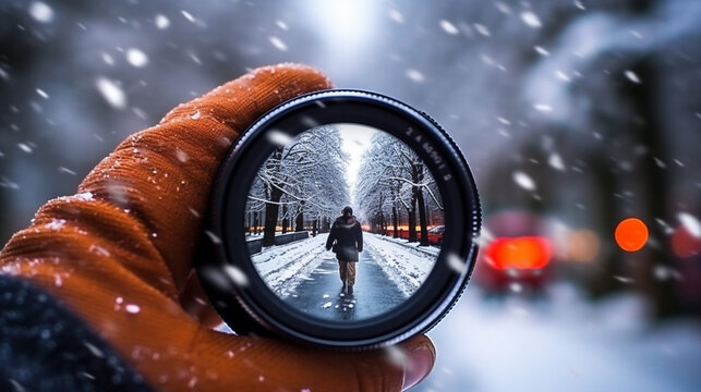 Looking through binoculars in winter. Generative AI