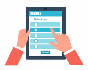 Hand holding tablet with сhecklist app, questionnaire Form Online survey concept.