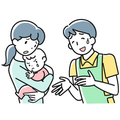 赤ちゃんの機嫌が悪くて困る母親と男性保育士