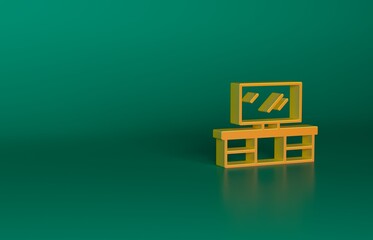 Orange TV table stand icon isolated on green background. Minimalism concept. 3D render illustration