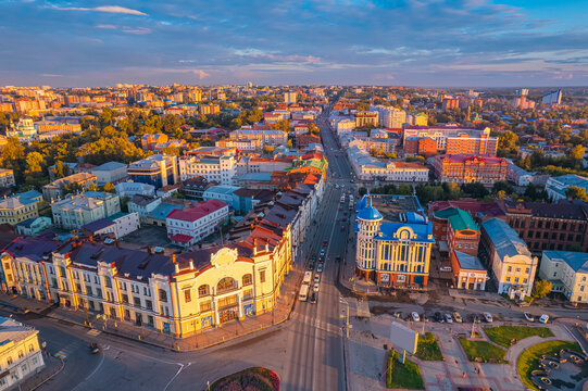 Panorama city Tomsk and Tom River with sunlight. Aerial top view