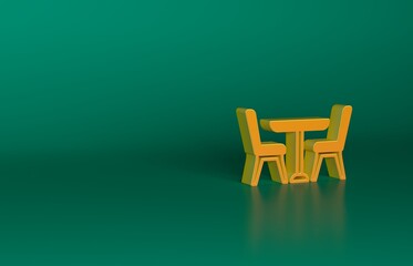 Orange Wooden table with chair icon isolated on green background. Minimalism concept. 3D render illustration