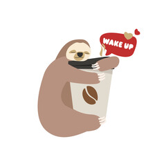 Sloth hugs a cup of hot coffee. wake up The character of a sleeping animal. Cute and funny graphics for cafe ads, typography, stickers. Vector illustration