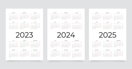 2023, 2024, 2025 years calendar. Week starts Monday. Simple calender layout with 12 months. Desk planner template. Yearly diary. Organizer in English. Pocket or wall formats. Vector illustration.