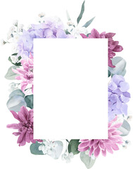 Watercolor Rectangular Shaped Frame with Dahlia, Hydrangea and Eucalyptus on Transparent Background