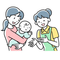 笑顔の赤ちゃんと母親と女性保育士