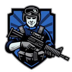 military police officer wearing helmet and carrying gun, vector, logo, cartoon, mascot, character, illustration