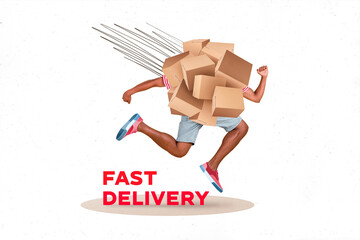 Collage placard advertisement of headless carton packages boxes running fast delivery postman...